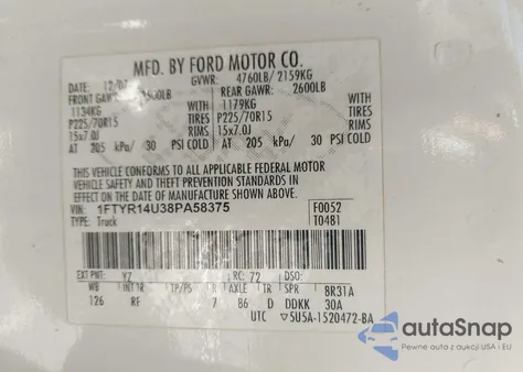 2008 Ford Ranger Sport/Xl/Xlt из США, поврежденный, VIN 1FTYR14U38PA58375